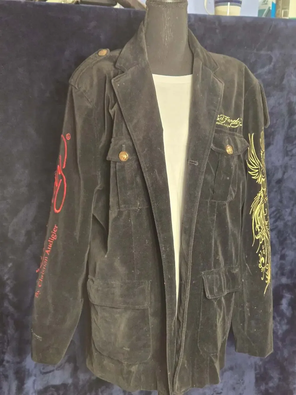 Ed Hardy By Christian Audigier Men's Embroidered Black Velvet Jacket